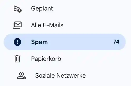 Menü im GMail. Es zeigt 74 Spam-Nachrichten